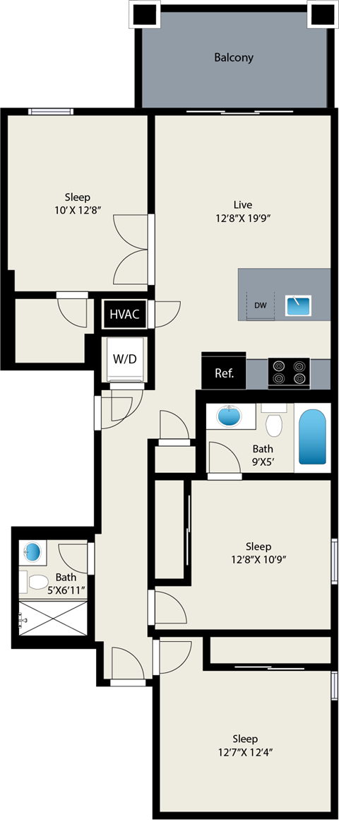 Floor plan for 3 beds, 2 baths, 1070 sqft
